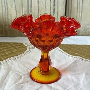 vintage Fenton Amberina glass ruffled thumbprint pedestal compote candy dish